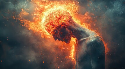 Wall Mural - burnout, symbolized by a head explosion, showcases a man grappling with overwhelming stress, informa