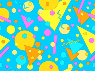 Wall Mural - Seamless pattern with colorful geometric shapes with a black outline. Geometric pattern with Memphis elements in 80s style. Design of wallpaper, wrapping paper, and printing. Vector illustration