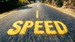 © Sahir Stock - Empty asphalt road with yellow speed text painted on surface and autumn trees lining both sides