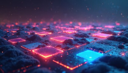 Fototapete - Abstract digital landscape with glowing neon squares. Futuristic technology background with array of light. Geometric cube shapes in 3D space. Illustration with bright colorful motion shiny cyber