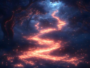 Wall Mural - Celestial Path: An ethereal glowing pathway snakes through a mystical landscape under a starlit sky, evoking a sense of wonder and the unknown.
