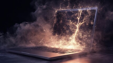 Leinwandbilder - Laptop emitting energy, smoke, and light, resembling a tree.