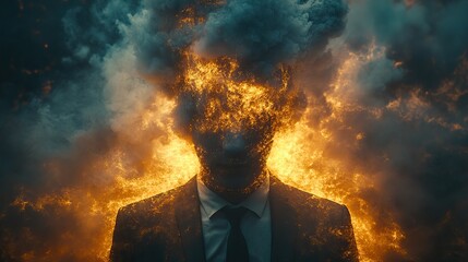 Wall Mural - Dark smoke cloud explodes from businessman's head, representing stress, burnout, mental health issues in a surreal image.