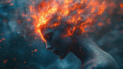 Wall Mural - data fragments, symbolizing stress, migraine, and mental health challenges, explode from the man's h