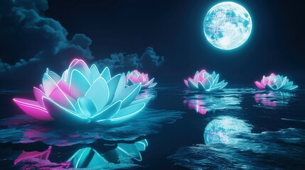 Wall Mural - A futuristic 3D render of neon-glowing lotus flowers in shades of electric blue and pink, floating on a realistic dark water surface. 