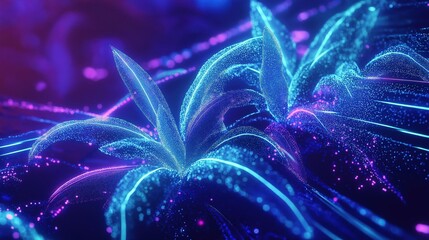 Wall Mural - A futuristic plant-themed mosaic with luminous neon blue and violet particle streams. Geometric energy lines pulsate and shift dynamically.