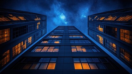 Poster - Low angle view of illuminated skyscrapers at night against a starry sky.