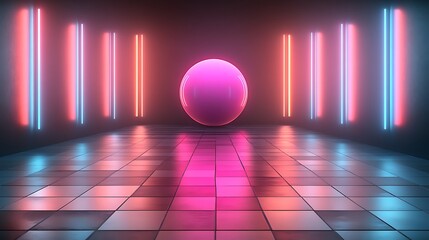 Wall Mural - pink sphere in neon-lit room.