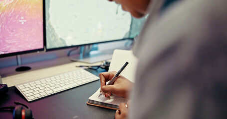 Poster - Hands, computer and man writing with map for news, research or ecology in office. Monitor, notebook or tracking technology equipment for meteorology report, storm radar or climate change forecast