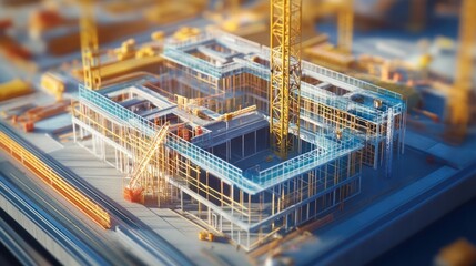 Poster - Low-poly model of a building under construction, showing scaffolding, crane, and intricate details.