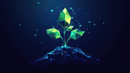Leinwandbilder - Low-poly plant sprout emerging from dark ground, glowing, digital art.
