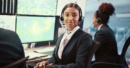 Fototapete - Control room, woman and portrait with headset by screen, monitor weather and patterns for climate. Office, coworking and female scientist with smile for meteorology, satellite review and reporter
