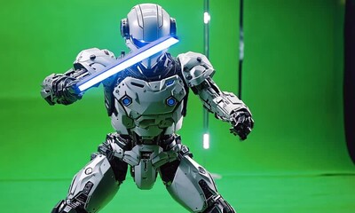 A futuristic robot warrior in white armor wields a glowing katana blade in a battle stance.