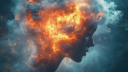 Wall Mural - information overload and stress cause a mental explosion, visualized as an atomic bomb cloud, repres