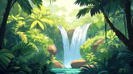 Poster - Lush jungle waterfall cascading into a tranquil pool, surrounded by vibrant greenery and sunlight.