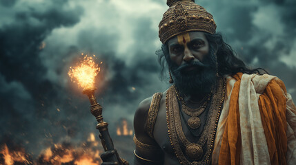 an ancient indian warrior clad in golden armor stands on a battlefield beneath a stormy sky he wield