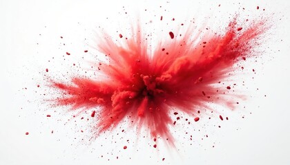 Poster - Red powder cloud explosion isolated on white background. Flying dust particles, powder burst. Abstract art, dynamic design. Illustration for advertising, graphic projects, product promotion, creative