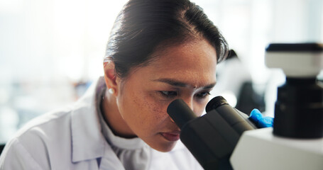 Aufkleber - Microscope, scientist and woman with research, healthcare innovation and chemistry experiment. Science, laboratory and microbiology for medical development, pharma study and test with biotechnology