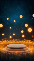 Wall Mural - A podium surrounded by floating glowing orbs, set in a field of bioluminescent grass