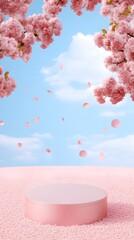 Wall Mural - a podium sitting in the middle of a massive cherry blossom garden, petals gently falling around it