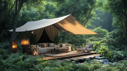 Poster - Luxurious safari tent nestled in lush green forest, featuring comfortable seating and lanterns.