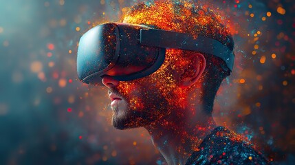 Wall Mural - overwhelmed by digital overload, the man's vr headset,clad head explodes into vibrant, colorful frag