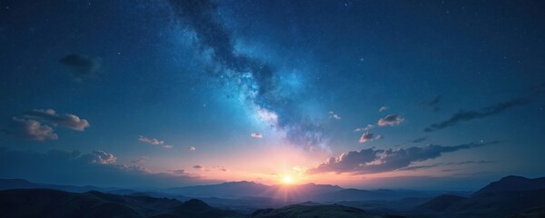 Aufkleber - Night starry sky at sunrise. Blue galaxy horizon banner. Stunning cosmos view with starlight. Majestic milky way, beautiful bright colours, shining stars over mountains.