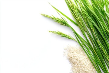 Poster - Fresh Organic Rice Grains and Green Rice Plant on a White Background Clean Simple Minimalist Farming Harvest Top View Healthy Diet Concept