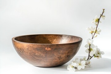Fototapete - Elegant Still Life Featuring a Wooden Bowl and Delicate White Blossoms Against a Clean Backdrop Studio Shot