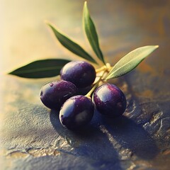 Poster - Freshly picked black olives with leaves resting on stone surface in studio lighting and moody style