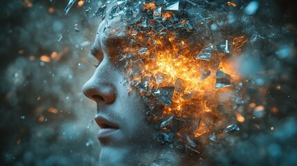 Wall Mural - shattered glass explodes from his head, symbolizing stress, burnout, and information overload, as a 