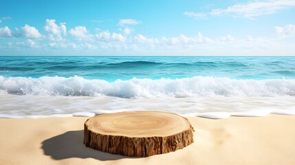 Wall Mural - a podium crafted from polished driftwood, placed on a serene beach with waves gently washing over th