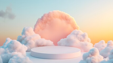 Wall Mural - a podium woven from soft white clouds, floating high above a dreamy, pastel-colored sky