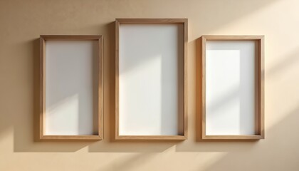 Poster - Three empty wooden frames hang on beige wall. Modern, stylish frames cast shadow. Blank picture mockup for art, photo, interior, design, exhibition, home decor. Room with artwork, gallery.