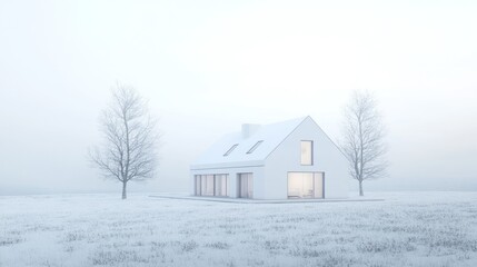 Poster - Minimalist white house in snowy field, fog, winter landscape.