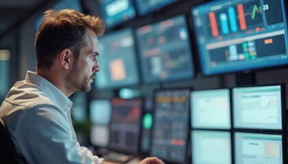 Poster - Engineer working at control room, monitoring program on multiple computer monitors. Tech specialist, manager control system, technician man at office with modern tech, digital data processing, data