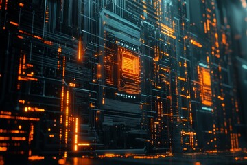 Aufkleber - Intricate circuit patterns illuminated with orange lights in a futuristic digital landscape