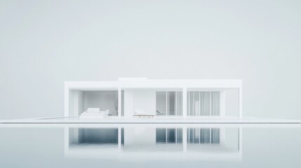 Aufkleber - Minimalist white modern house architectural model reflecting in water.