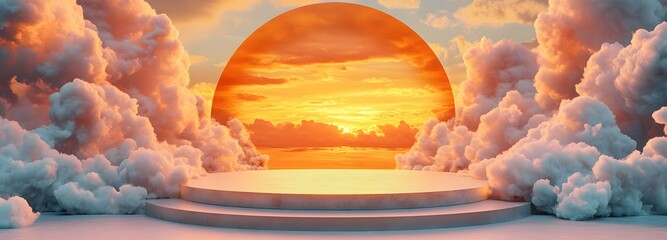 Wall Mural - a podium sculpted from swirling clouds, suspended in the air above a glowing sunset horizon