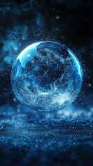 floating crystal sphere surrounded by shimmering particles in a dark blue atmosphere