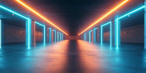 Wall Mural - futuristic tunnel, glowing blue and orange neon lights, perspective view, vibrant colors