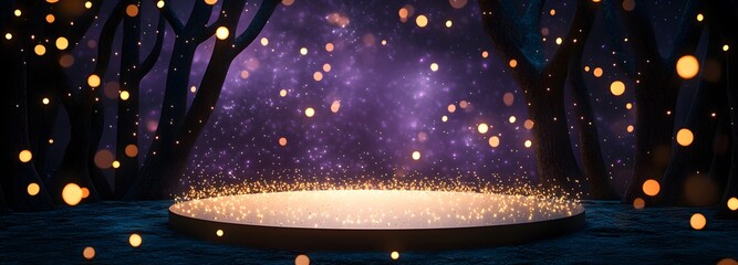 Wall Mural - A podium surrounded by fireflies, standing in a magical twilight forest with a glowing purple sky