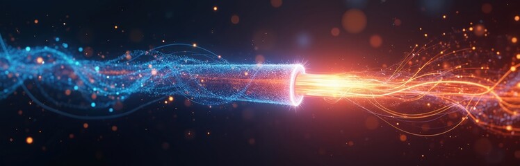 Poster - Fiber optic cable data stream concept illustration. Optical fiber transmits digital information with high speed. Modern cyberspace technology with light, network infrastructure. Futuristic cyber