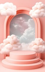 Wall Mural - a podium made of soft white clouds, floating high above a dreamy, pastel-colored sky