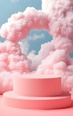Wall Mural - a podium made of soft white clouds, floating high above a dreamy, pastel-colored sky