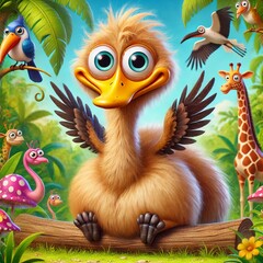 A hilarious animal hybrid with an oversized fluffy body, tiny bird wings, a long wobbly giraffe neck, and a big goofy grin