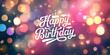 © PrimeBackgrounds - Happy Birthday text in a sleek white sans serif font over soft multicolor bokeh lights, creating a festive celebration background for banners, wallpapers, and social media posts.