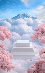 Wall Mural - a podium resting on a misty mountaintop, surrounded by cherry blossom petals drifting in the wind