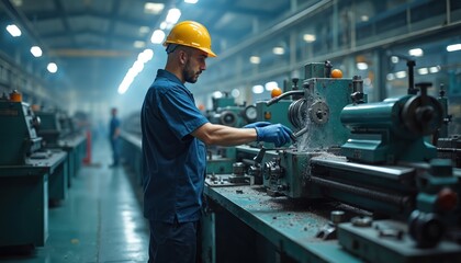 Poster - Engineer operates lathe machine in factory workshop. Man in yellow helmet and blue uniform. Manufacturing process metal parts. Metalworking mechanical industry. Production line.