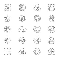 Cyberspace and hacking technologies vector outline icons set. Digital security and hacker tools icons